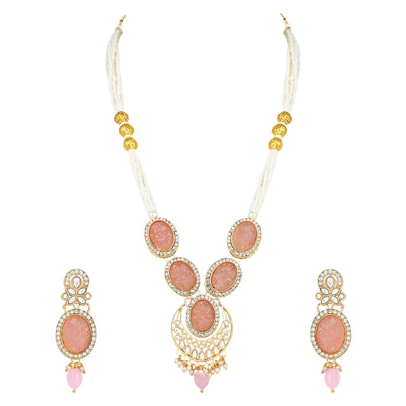 gold plated traditional long multistrand pearl necklace jewellery & earrings set