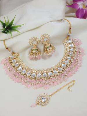 gold plated traditional kundan pearl choker necklace jewellery with dangle earrings set 1