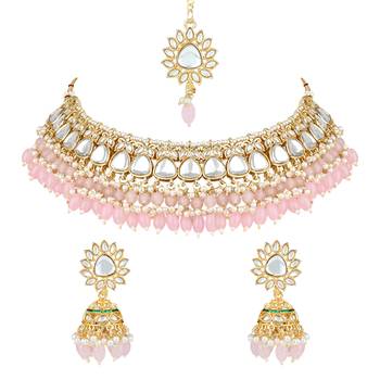 gold plated traditional kundan pearl choker necklace jewellery with dangle earrings set 2