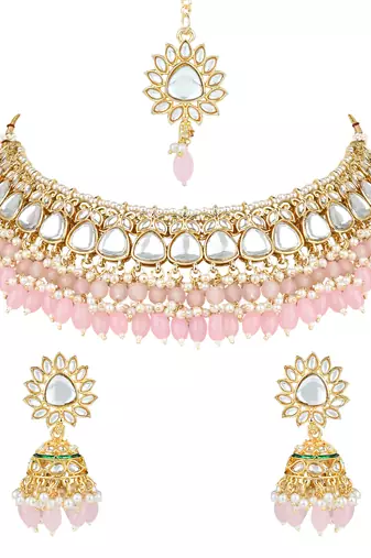 gold plated traditional kundan pearl choker necklace jewellery with dangle earrings set