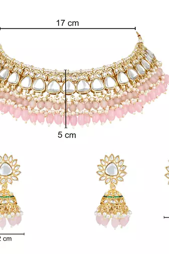 gold plated traditional kundan pearl choker necklace jewellery with dangle earrings set