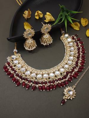 gold plated traditional kundan pearl choker necklace jewellery with dangle earrings set 1