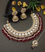 gold plated traditional kundan pearl choker necklace jewellery with dangle earrings set