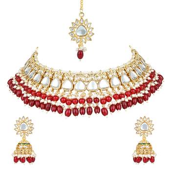 gold plated traditional kundan pearl choker necklace jewellery with dangle earrings set 2