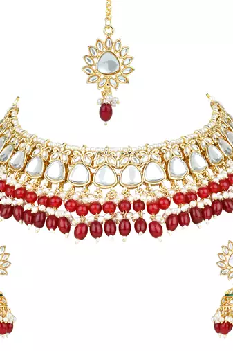 gold plated traditional kundan pearl choker necklace jewellery with dangle earrings set