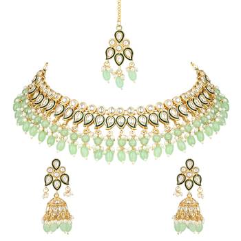 gold plated traditional kundan pearl choker necklace jewellery with dangle earrings set 2