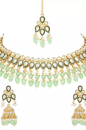 gold plated traditional kundan pearl choker necklace jewellery with dangle earrings set