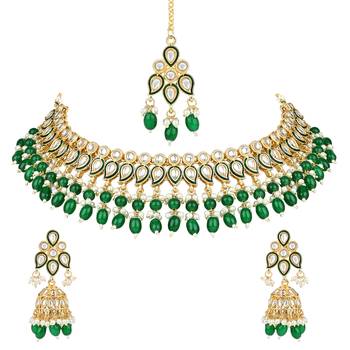 gold plated traditional kundan pearl choker necklace jewellery with dangle earrings set 2