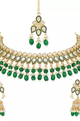gold plated traditional kundan pearl choker necklace jewellery with dangle earrings set