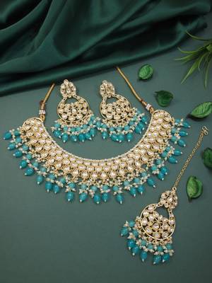 gold plated traditional kundan pearl choker necklace jewellery with dangle earrings set 1