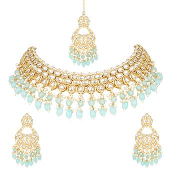 gold plated traditional kundan pearl choker necklace jewellery with dangle earrings set 2