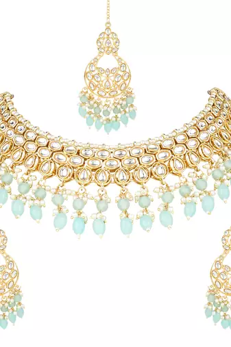 gold plated traditional kundan pearl choker necklace jewellery with dangle earrings set