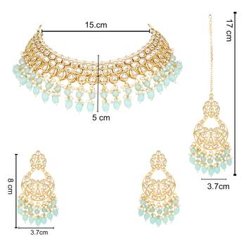 gold plated traditional kundan pearl choker necklace jewellery with dangle earrings set 5