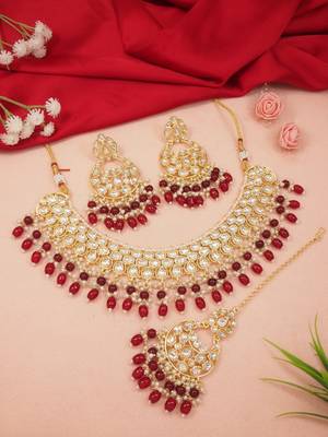 gold plated traditional kundan pearl choker necklace jewellery with dangle earrings set 1