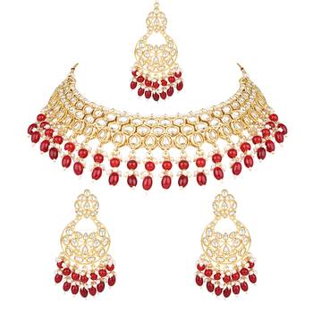 gold plated traditional kundan pearl choker necklace jewellery with dangle earrings set 2