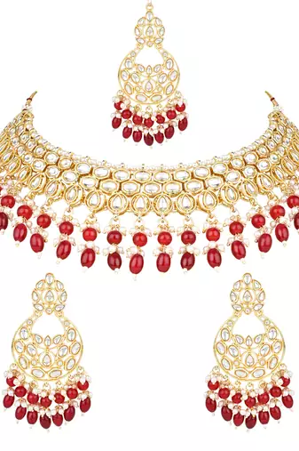 gold plated traditional kundan pearl choker necklace jewellery with dangle earrings set