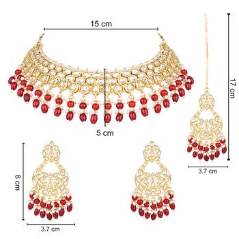 gold plated traditional kundan pearl choker necklace jewellery with dangle earrings set 5