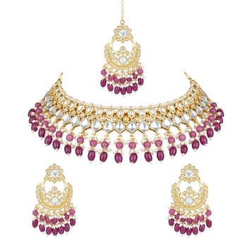 gold plated traditional kundan pearl choker necklace jewellery with dangle earrings set 1