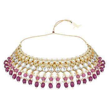gold plated traditional kundan pearl choker necklace jewellery with dangle earrings set 2