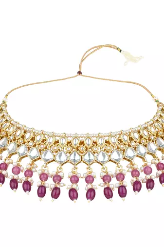 gold plated traditional kundan pearl choker necklace jewellery with dangle earrings set