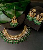 gold plated traditional kundan pearl choker necklace jewellery with dangle earrings set