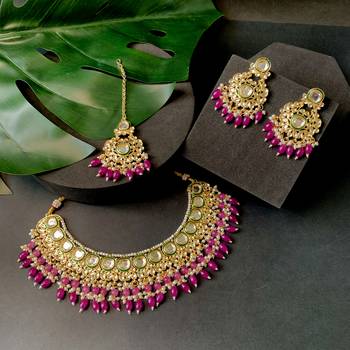 gold plated traditional kundan pearl choker necklace jewellery with dangle earrings set 1