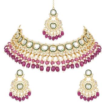 gold plated traditional kundan pearl choker necklace jewellery with dangle earrings set 2