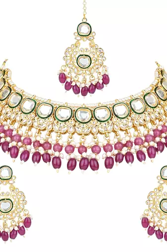gold plated traditional kundan pearl choker necklace jewellery with dangle earrings set