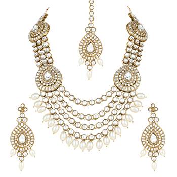 traditional multi layered pearl kundan bridal necklace jewellery with dangle earrings & maang tikka set 2