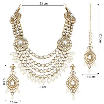 traditional multi layered pearl kundan bridal necklace jewellery with dangle earrings & maang tikka set 5