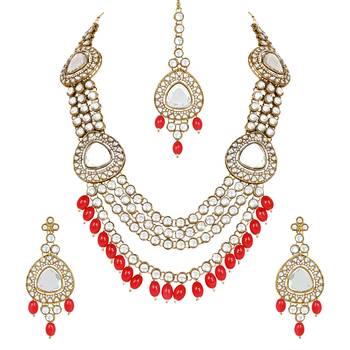 traditional multi layered pearl kundan bridal necklace jewellery with dangle earrings & maang tikka set 2