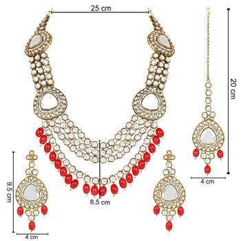 traditional multi layered pearl kundan bridal necklace jewellery with dangle earrings & maang tikka set 5