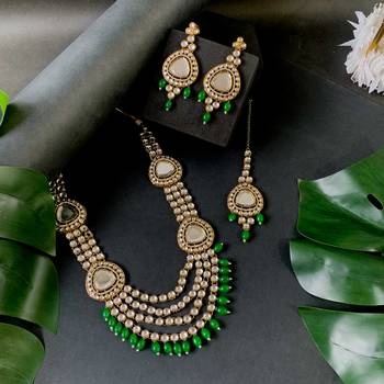 traditional multi layered pearl kundan bridal necklace jewellery with dangle earrings & maang tikka set 1