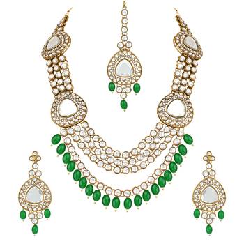 traditional multi layered pearl kundan bridal necklace jewellery with dangle earrings & maang tikka set 2