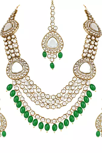 traditional multi layered pearl kundan bridal necklace jewellery with dangle earrings & maang tikka set