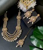 traditional multi layered pearl kundan bridal necklace jewellery with dangle earrings & maang tikka set