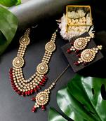 traditional multi layered pearl kundan bridal necklace jewellery with dangle earrings & maang tikka set