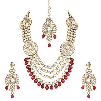 traditional multi layered pearl kundan bridal necklace jewellery with dangle earrings & maang tikka set 2