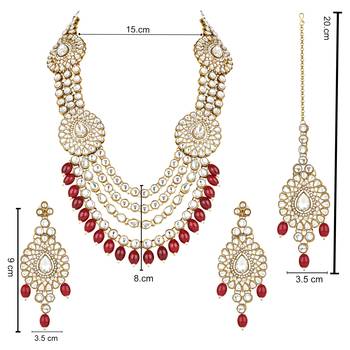 traditional multi layered pearl kundan bridal necklace jewellery with dangle earrings & maang tikka set 5