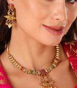 Mansiyaorange matte gold multi colour floral theme choker set  with mangtikka for women