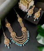 traditional multi layered pearl kundan bridal necklace jewellery with dangle earrings & maang tikka set