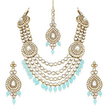 traditional multi layered pearl kundan bridal necklace jewellery with dangle earrings & maang tikka set 2