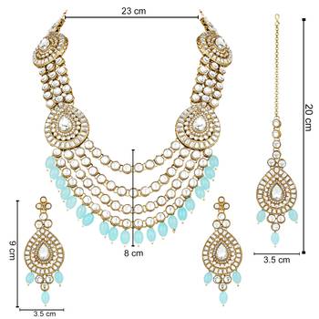 traditional multi layered pearl kundan bridal necklace jewellery with dangle earrings & maang tikka set 5