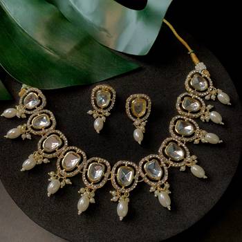 artificial stone kundan pearl chocker necklace jewellery with earrings set 1