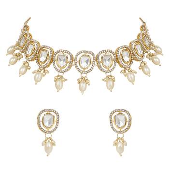 artificial stone kundan pearl chocker necklace jewellery with earrings set 2