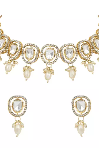 artificial stone kundan pearl chocker necklace jewellery with earrings set