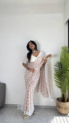 Off-White Georgette Multi Hand Embroidered Saree with Un-Stitched Blouse 1
