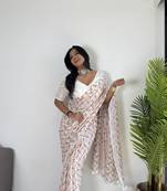 Off-White Georgette Multi Hand Embroidered Traditional Saree with Un-Stitched Blouse