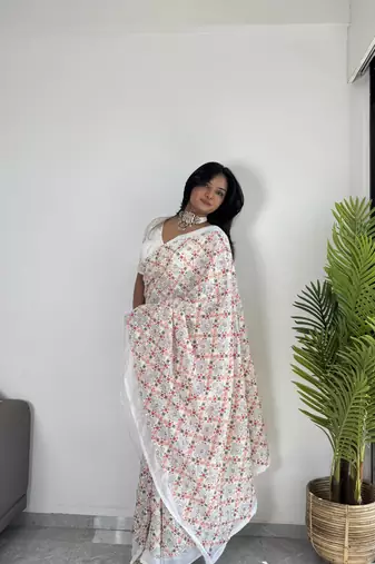 Off-White Georgette Multi Hand Embroidered Saree with Un-Stitched Blouse