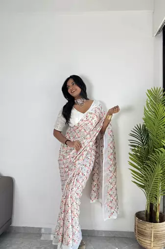 Off-White Georgette Multi Hand Embroidered Saree with Un-Stitched Blouse